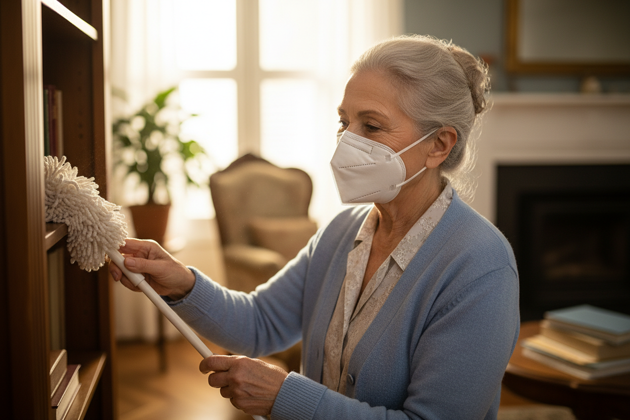 Elderly Woman Dusting with KN95 Mask