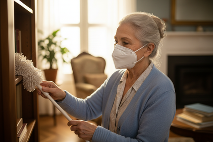 Elderly Woman Dusting with KN95 Mask