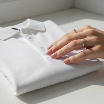 Folded Polo Fabric Close-up with Woman's Hand