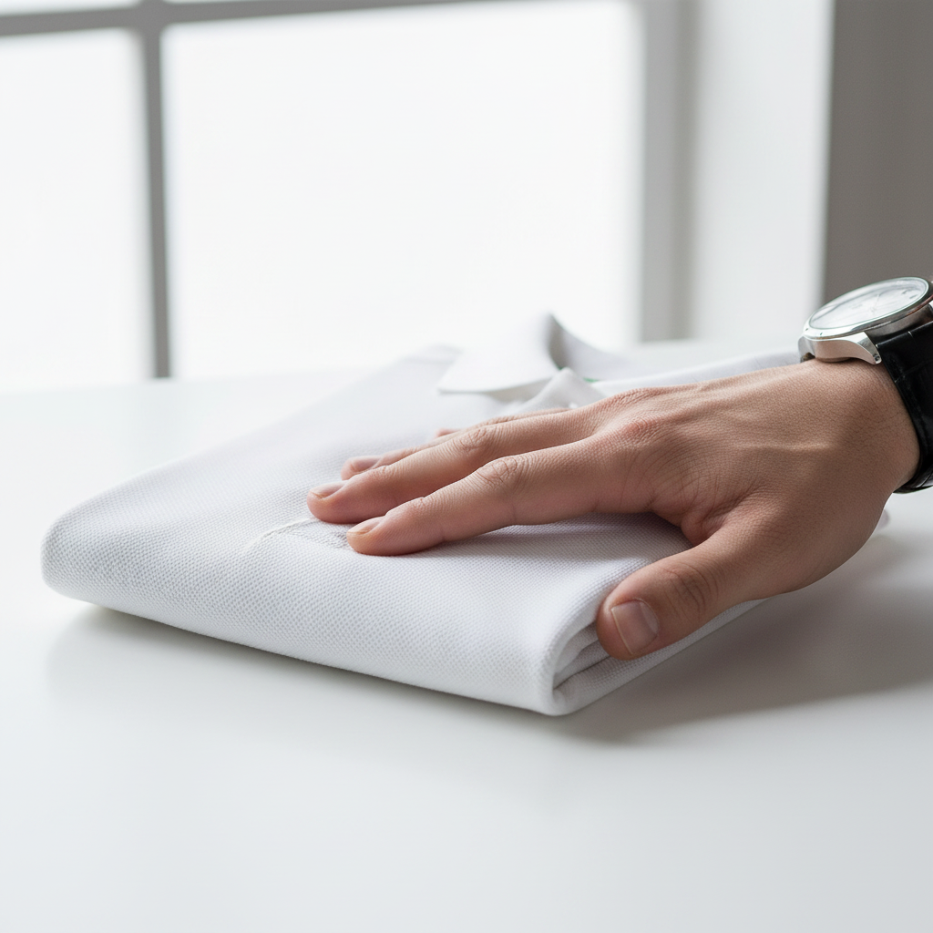 Close-up of folded white men's polo shirt fabric with a man's hand and watch