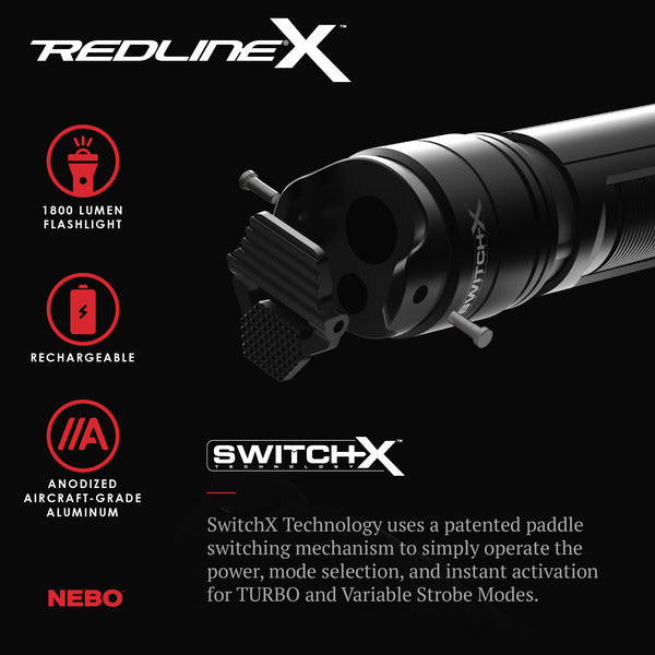 Nebo Redline X Rechargeable LED Flashlight with 1,800 Lumen Turbo Mode