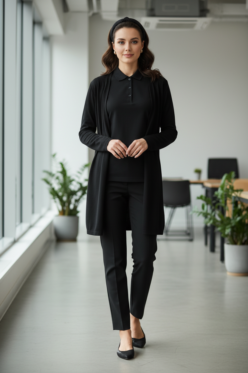 Woman in All-Black Office Style with Black Polo