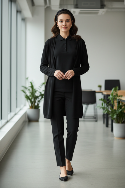 Woman in All-Black Office Style with Black Polo