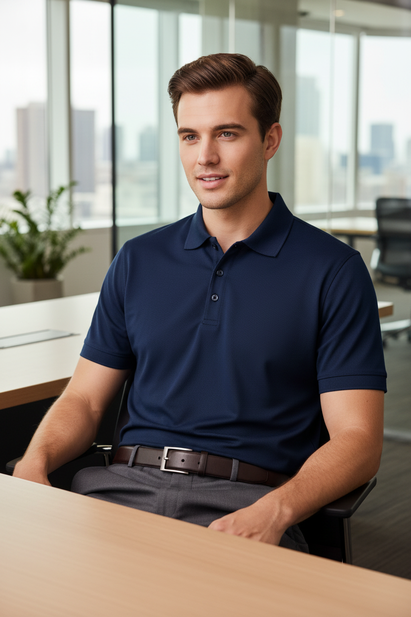 Young Man in Navy Polo at Job Interview